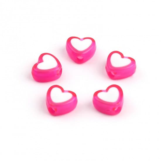 8MM Fuschia Acrylic Heart with White Middle Spacer Beads with Vertical Hole