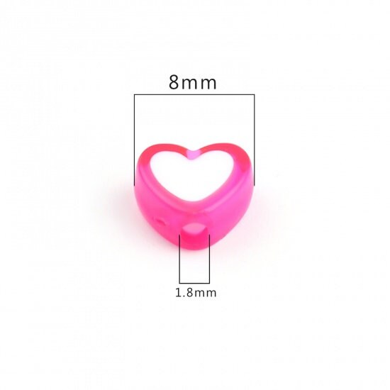 8MM Fuschia Acrylic Heart with White Middle Spacer Beads with Vertical Hole