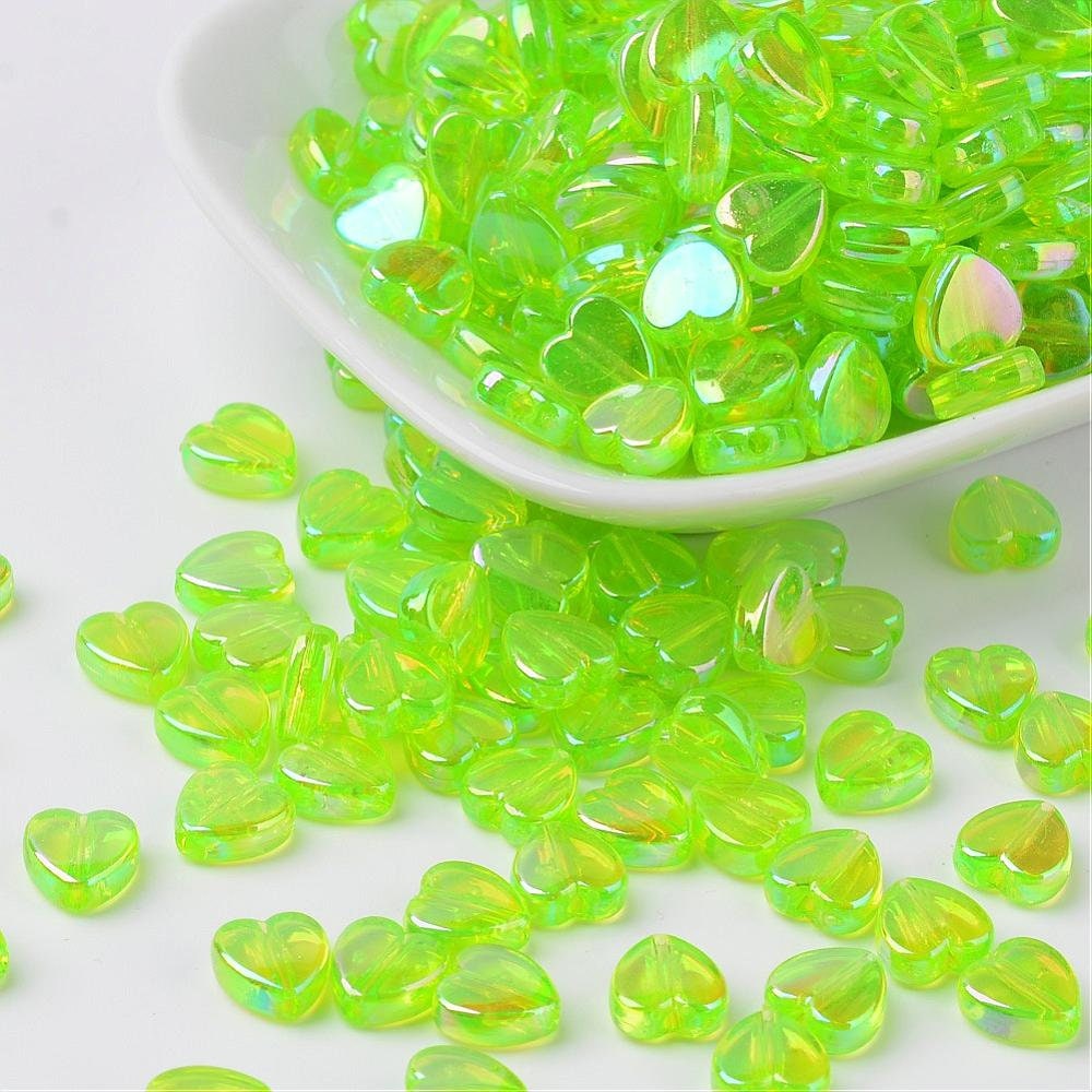 8MM AB Green Transparent Acrylic Heart Spacer Beads with Vertical Hole