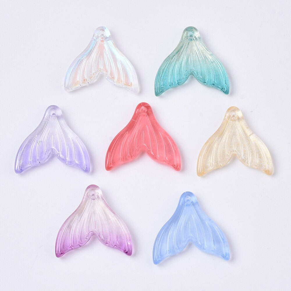 Mixed Color Mermaid Tail Spray Painted Colored Glass Charm (19x19.5x3.5mm, Hole: 1.2mm)