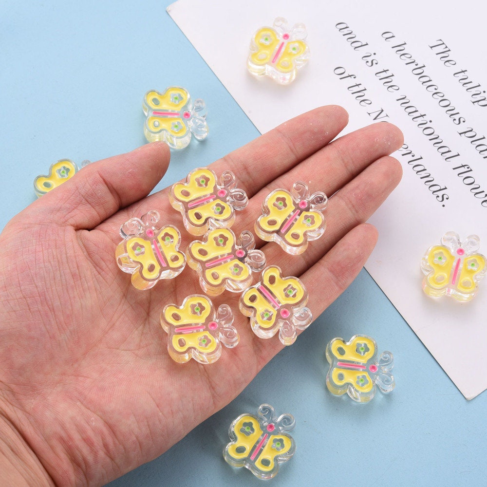 Transparent Yellow Butterfly Enamel Acrylic Bead ( 25mm x 24mm x 9mm, Hole: 3mm)