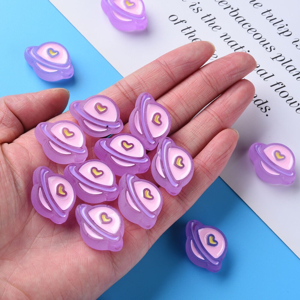 Frosted Purple, Pink, Yellow, White, Blue Planet Enamel Acrylic Bead ( 19mm x 26 mm x 9mm, Hole: 3mm)