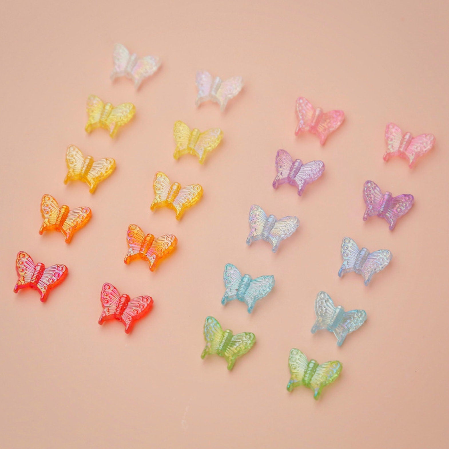 15MM Iridescent Butterfly Beads (Clear, Yellow, Light Orange, Orange, Red, Pink, Purple, Light Purple, Blue, Green)