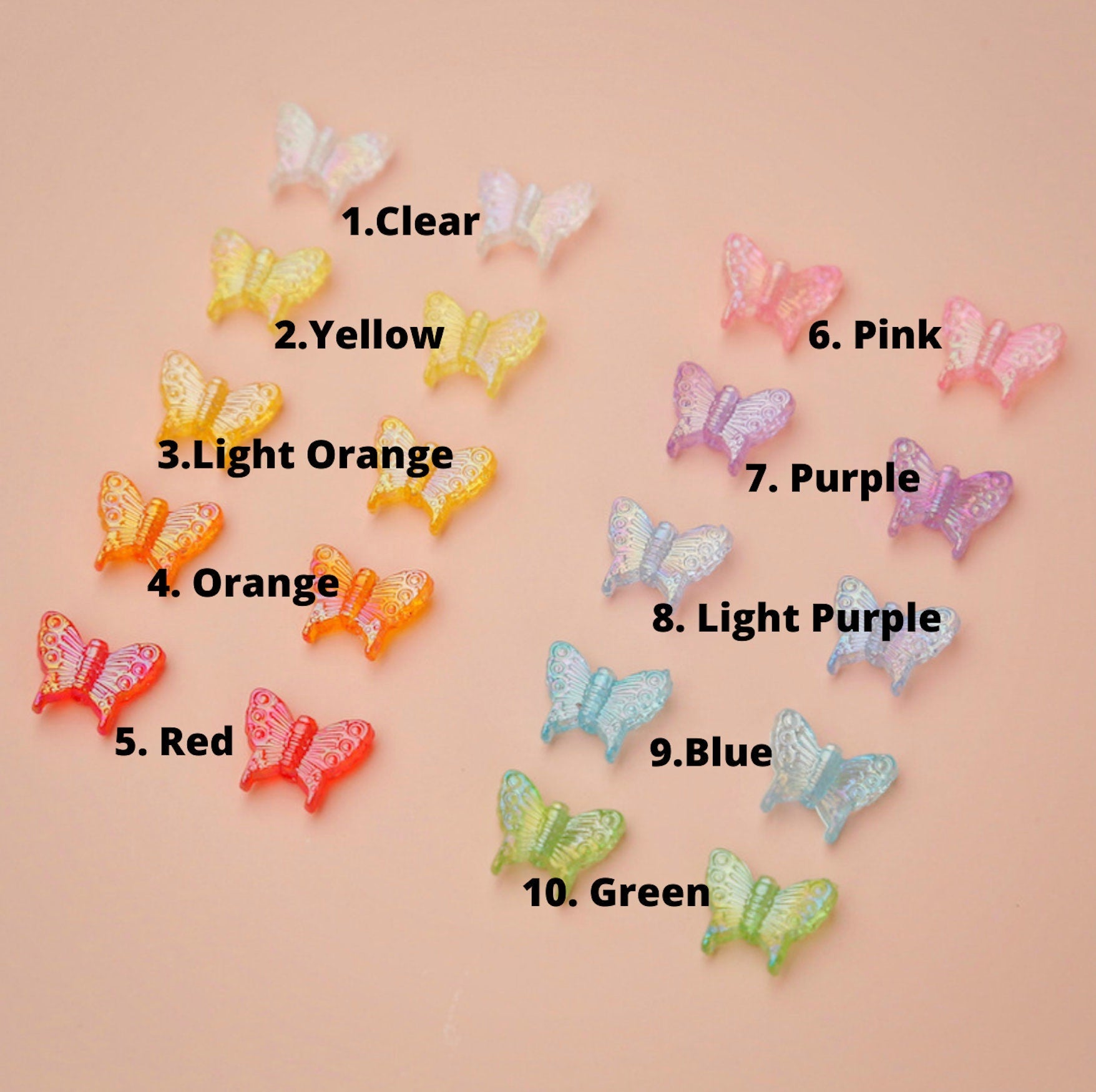 15MM Iridescent Butterfly Beads (Clear, Yellow, Light Orange, Orange, Red, Pink, Purple, Light Purple, Blue, Green)