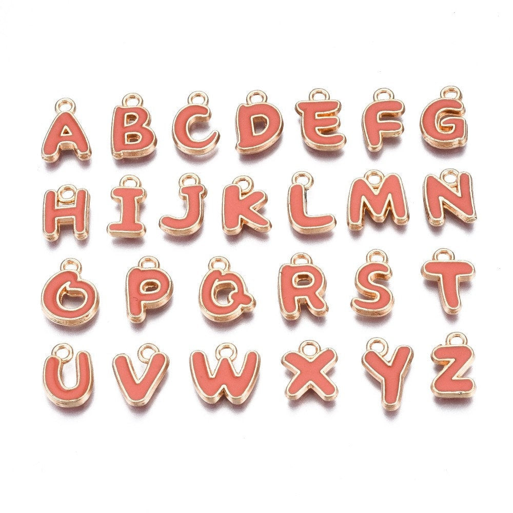 Salmon Orange Metal Letter Charms Individual or Set (11mm x 6.5mm x 2mm, Hole: 1.5mm)