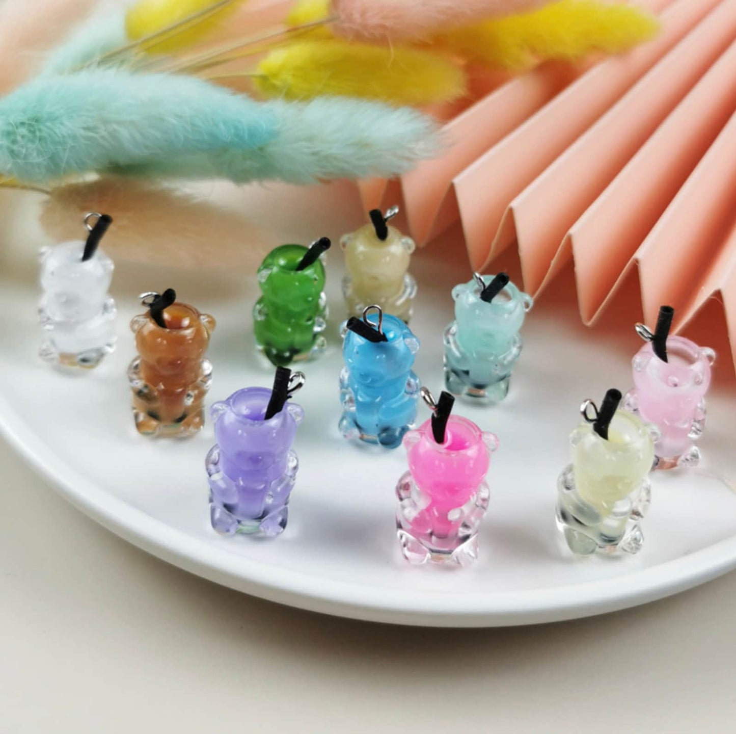 Resin Bubble Tea Bear Shaped Plastic Bottle Charm with Eye Pin (23mm x 12mm)