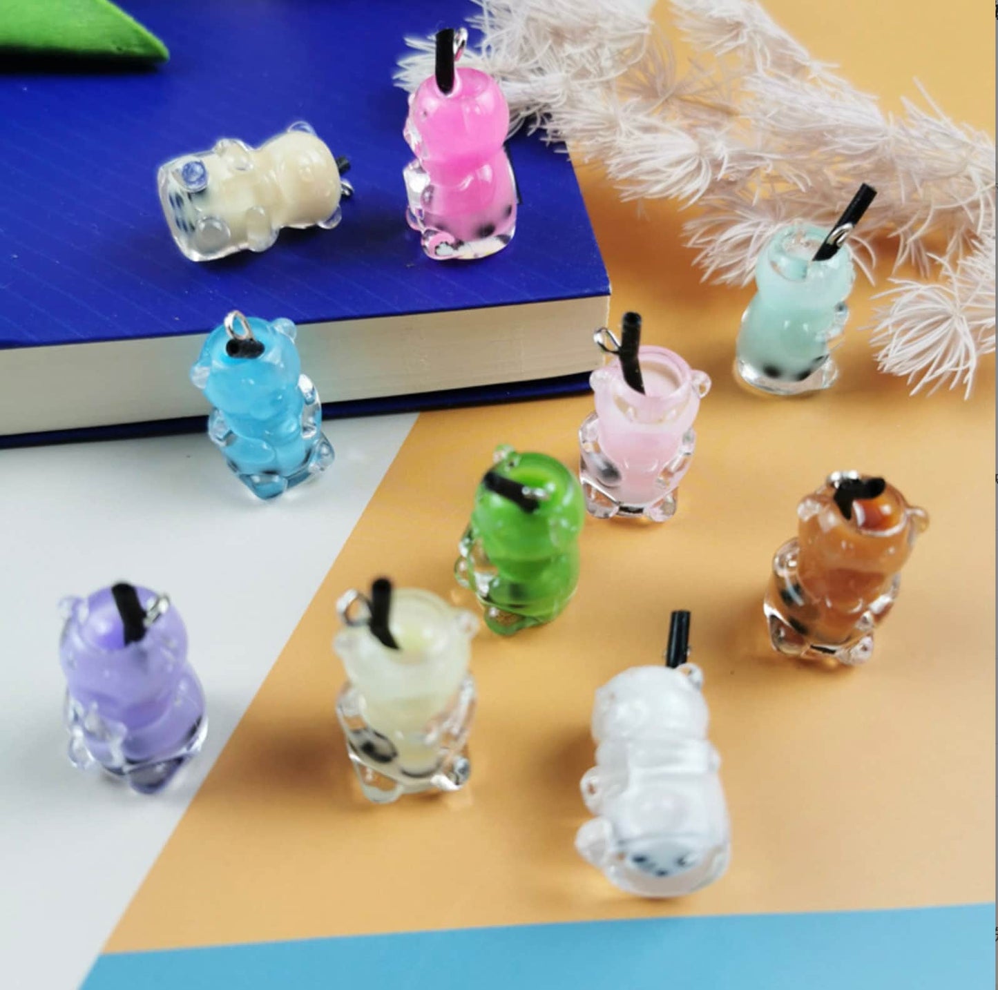 Resin Bubble Tea Bear Shaped Plastic Bottle Charm with Eye Pin (23mm x 12mm)