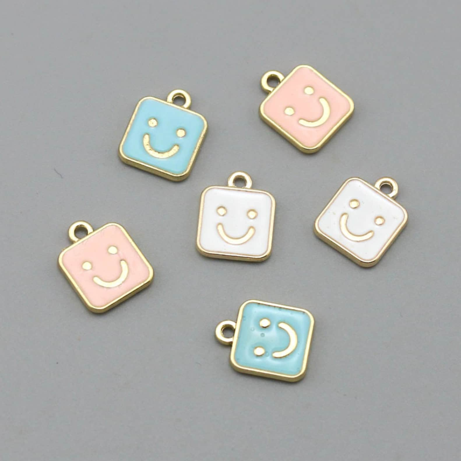 Cute Pink, Blue, White Square Happy Face Enamel Charm (14mm x 11mm)