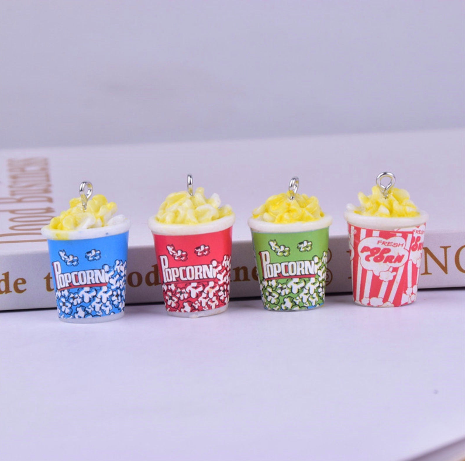 Blue,Red, Green, Striped Popcorn Bucket Charms with Eye Pins (24mm x 18mm)