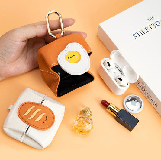 Cute Food Themed AirTag, Small Accessory Bag with Clasp (Egg, Bread, Lemon, Carrot, Strawberry, Pineapple, Avocado)