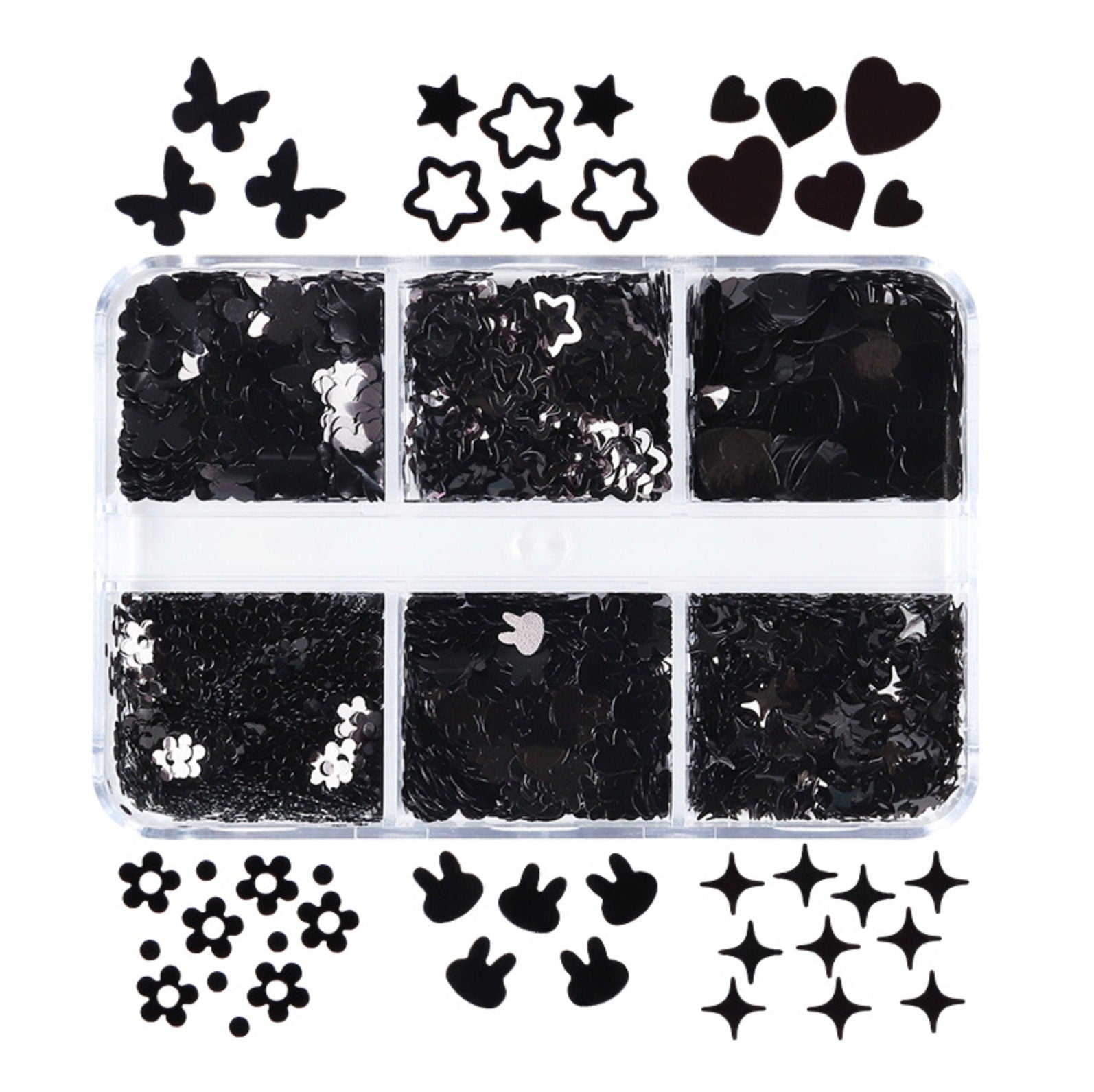 Cute Glitter Flake Sets (Butterly, Bunny, Heart, Sparkle, Flower, Star) in Gold or Black