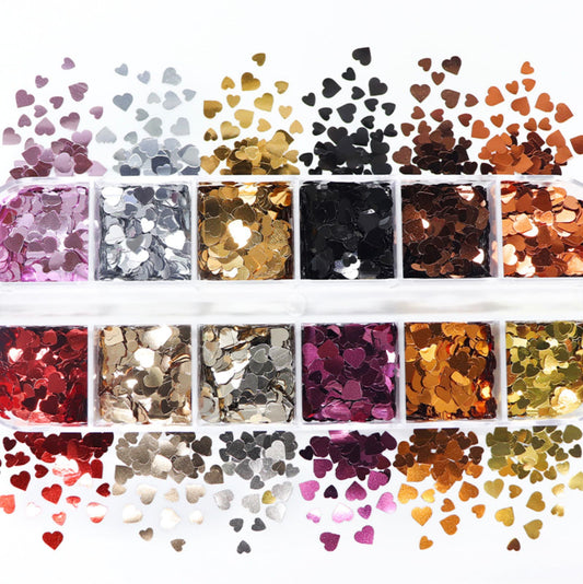 6 Color Neutrals Heart Glitter Flake Set for Nail Art, DIY (3mm-6mm)