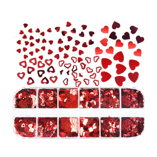 6 Red Heart Glitter Flake Set, Valentines Day Set #1 for Nail Art, DIY (3mm-6mm)