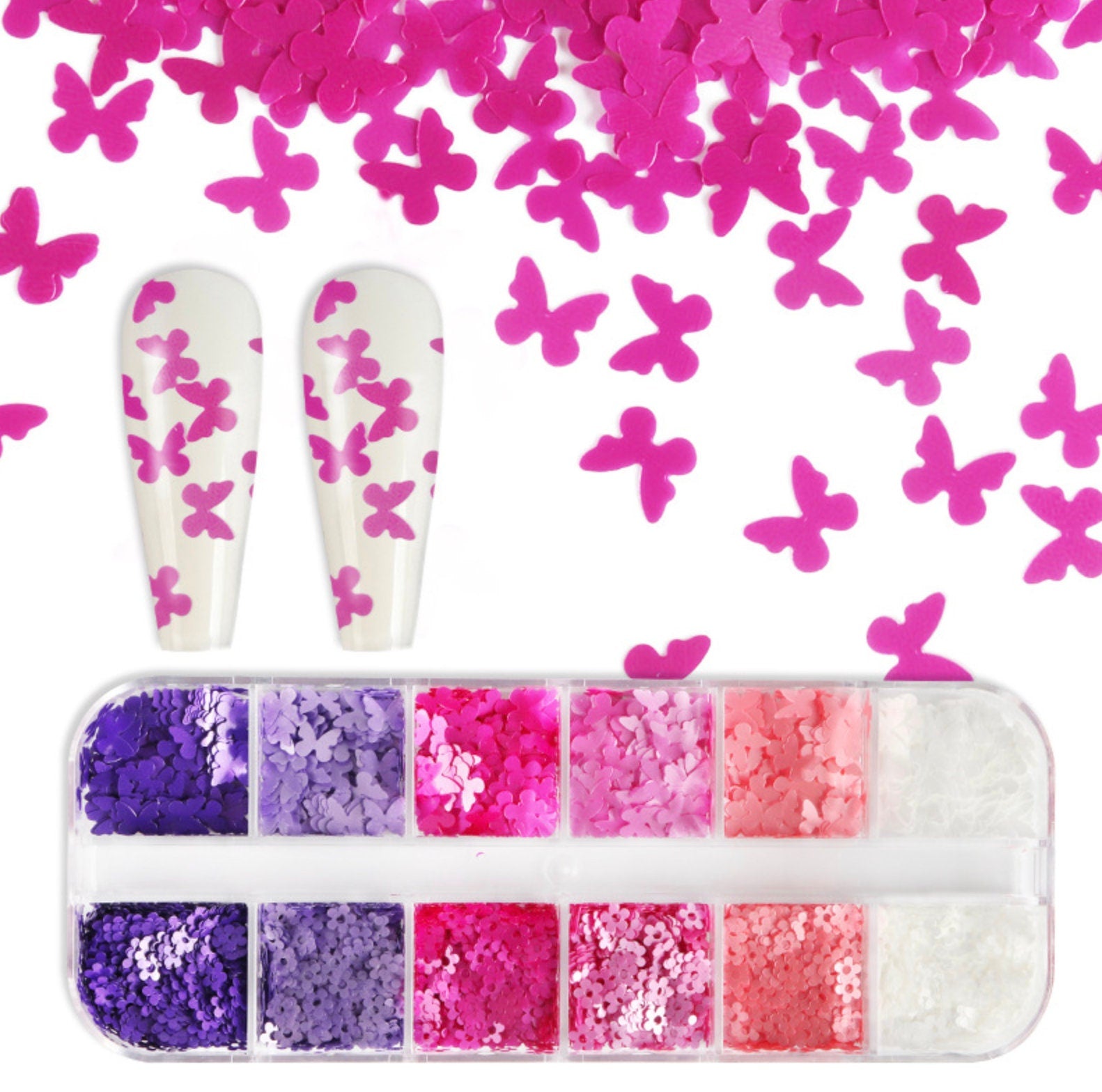 Pinks and Purples, Flower and Butterfly Glitter Set for Nail Art, DIY (3mm-6mm)