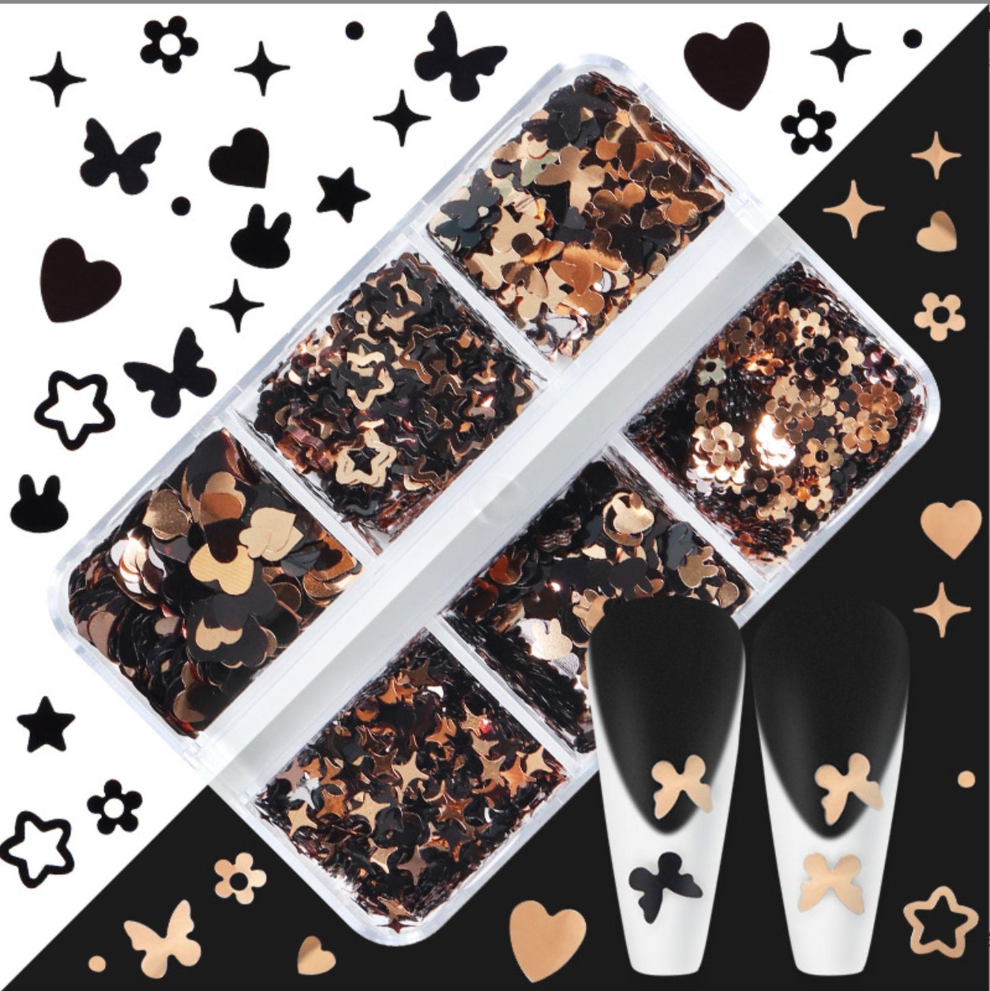 Cute Glitter Flake Sets (Butterly, Bunny, Heart, Sparkle, Flower, Star) in Gold or Black