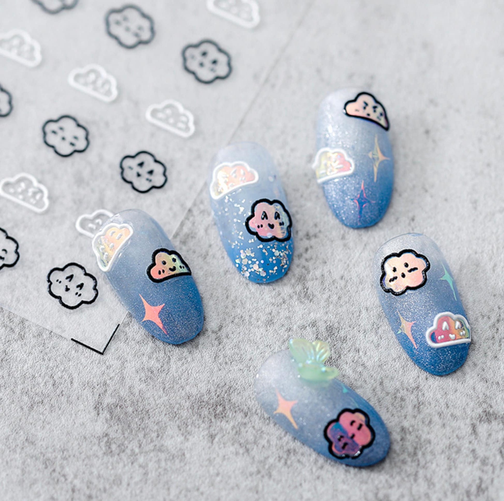 Cute Smiley Faced Clouds, Animal Themed 5D Nail Art Stickers