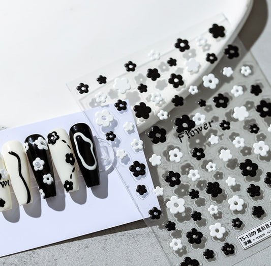 Black and White Flower Field Themed Nail Art Stickers