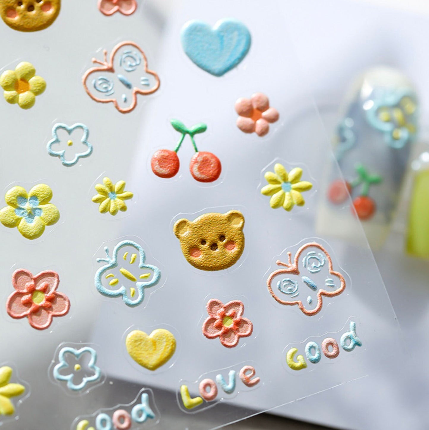 Cute Brown Bear, Forest Flower Field Themed 5D Nail Art Stickers