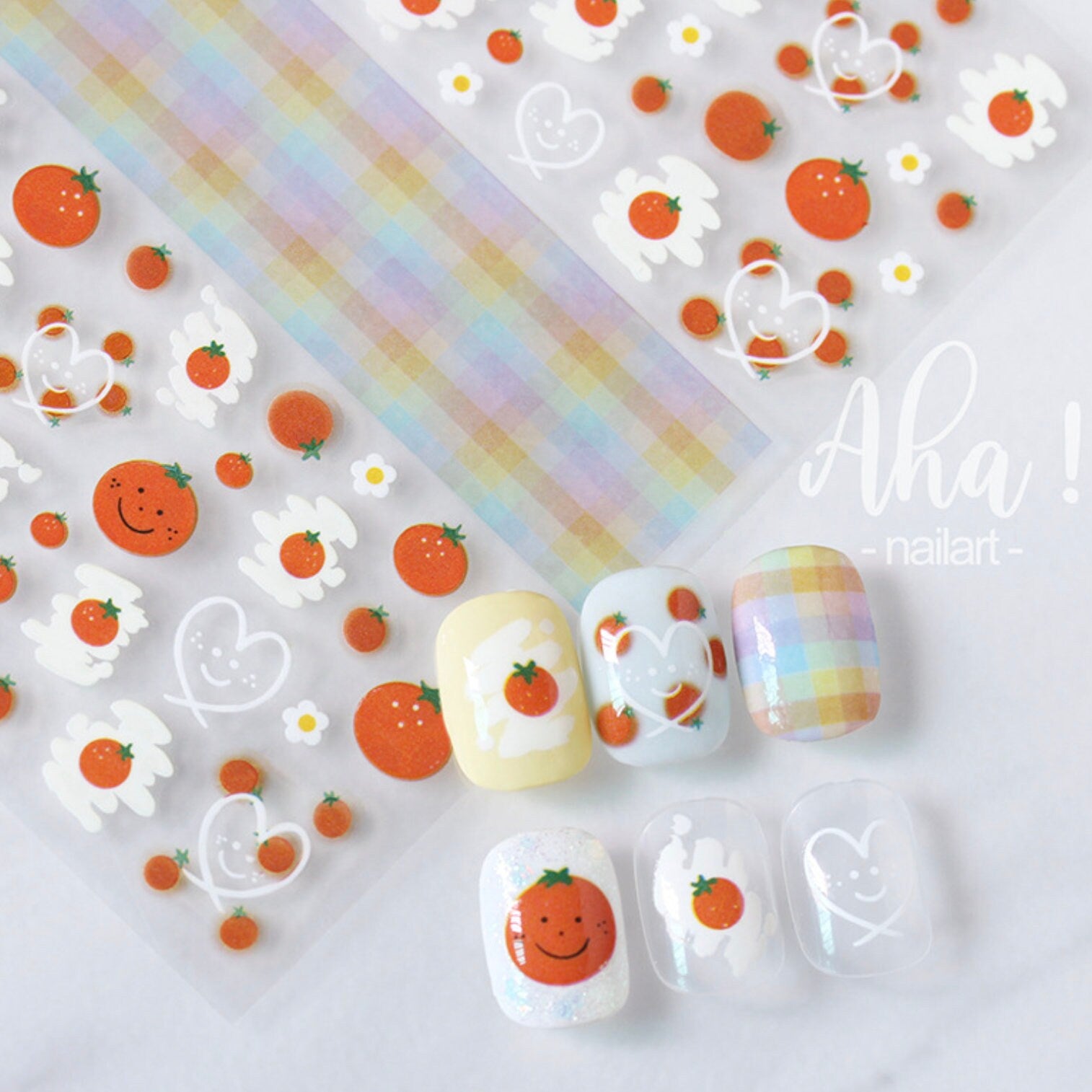 Cheeky Orange Love, Fruit Themed 2D Nail Art Stickers (002)