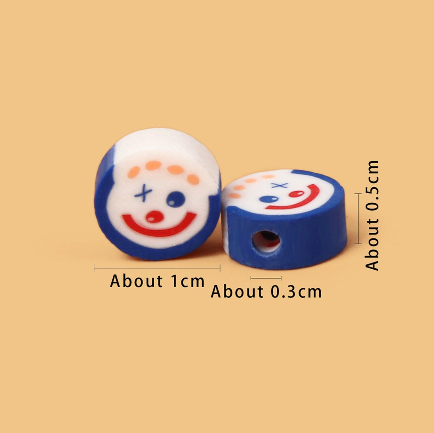 Clown Face Themed Polymer Clay Beads (10mm x 5mm, Hole: 3mm)