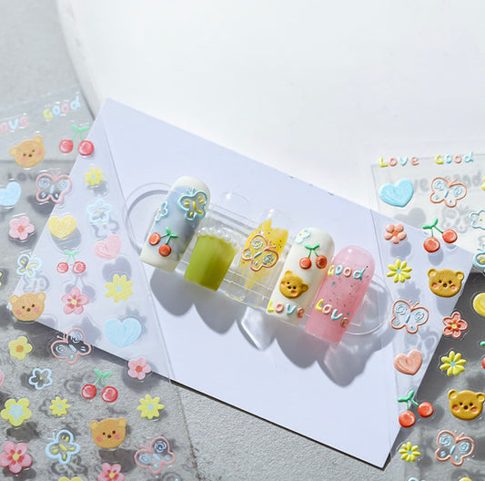 Cute Brown Bear, Forest Flower Field Themed 5D Nail Art Stickers