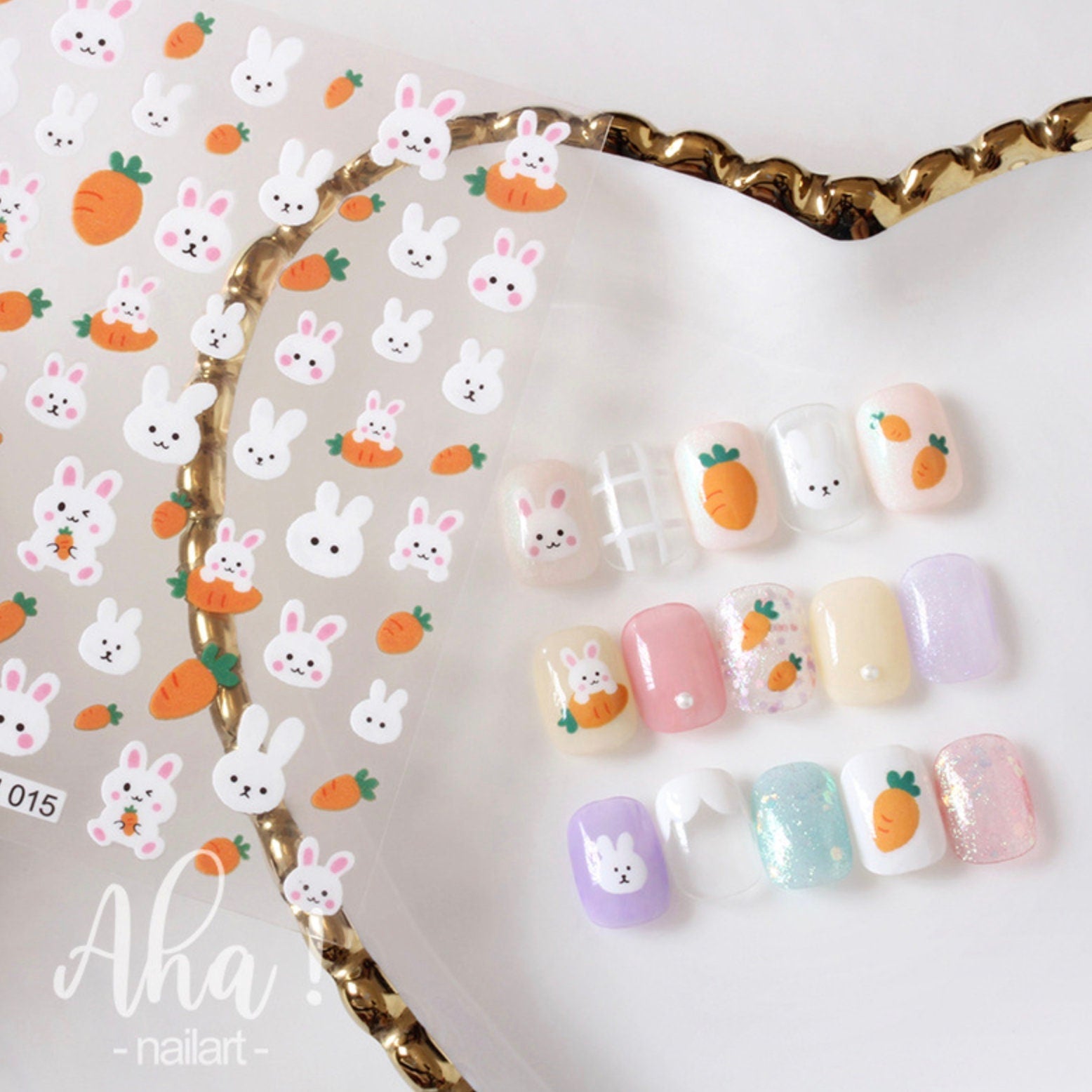 Cute White Bunny with Carrots, Animal Themed 2D Nail Art Stickers (015)