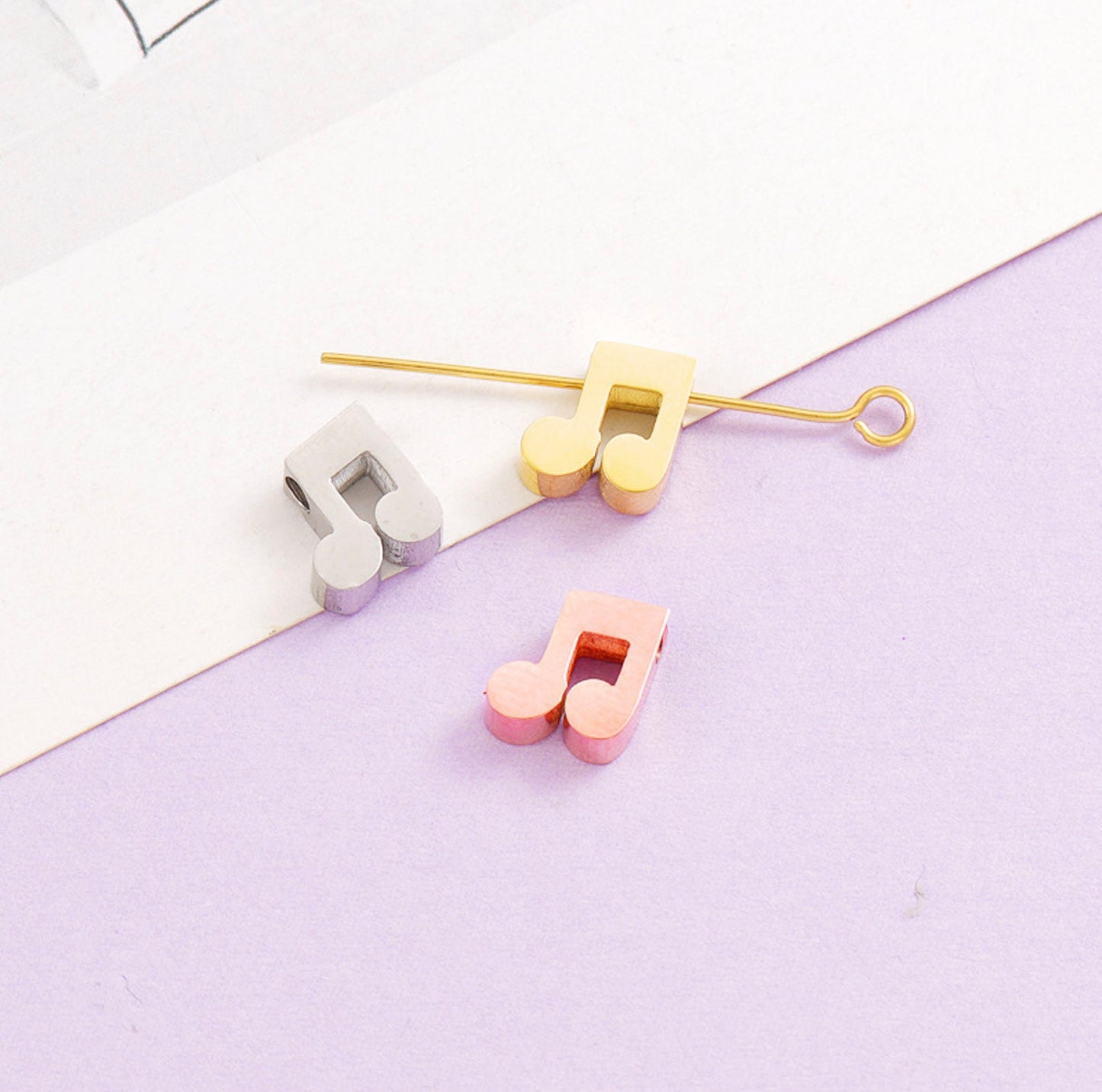 Silver, Gold, Rose Gold Stainless Steel Musical Note Charms (5mm x 13mm x 3mm, hole: 1.8mm)