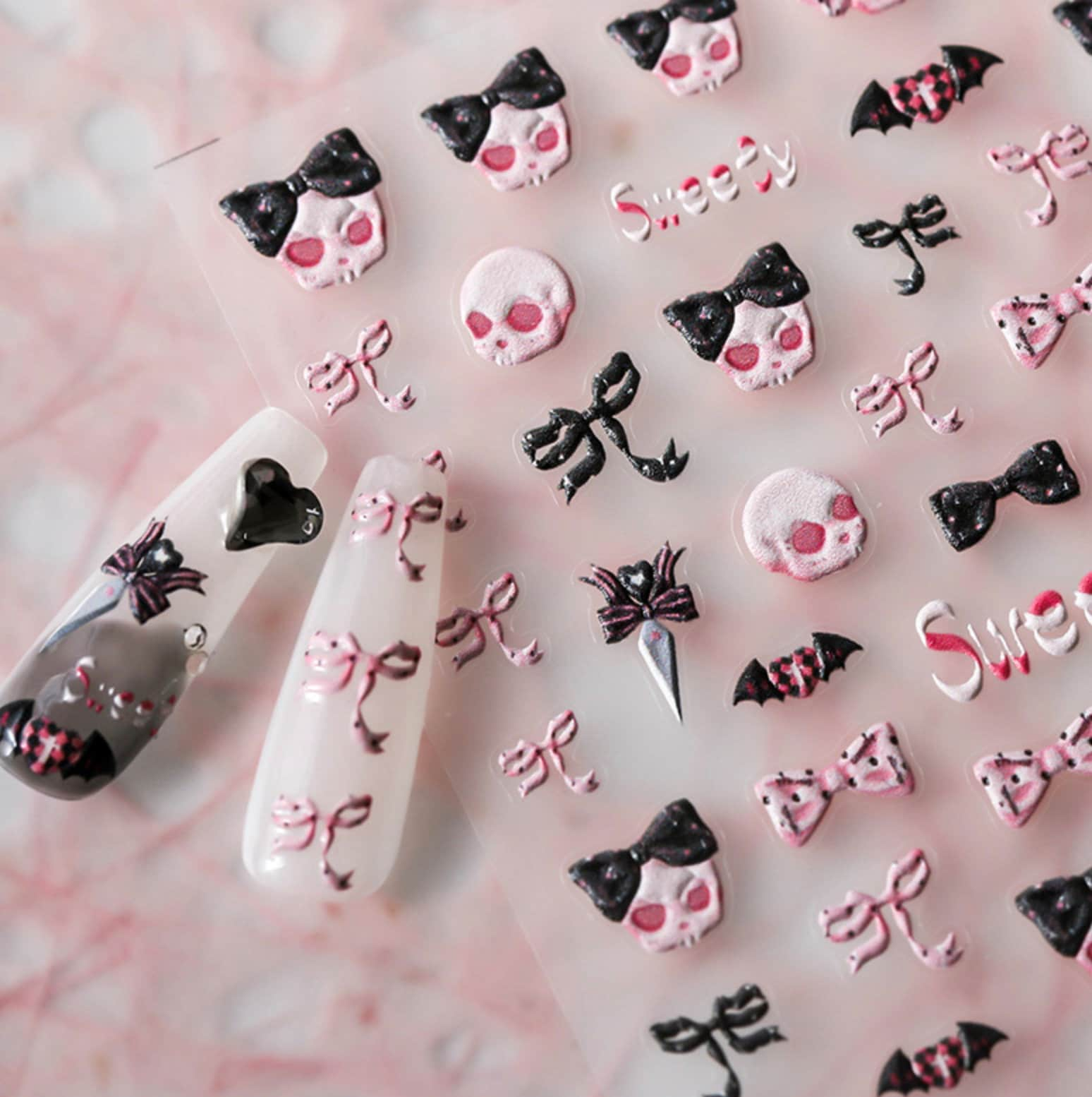 Cute Pink Nightmare Skull Nail Art Stickers (Available in 2D and 3D)