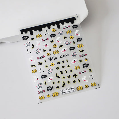 Cute Milk Cow Doodle, Animal Themed Nail Art Stickers (Available in 2D and 3D)