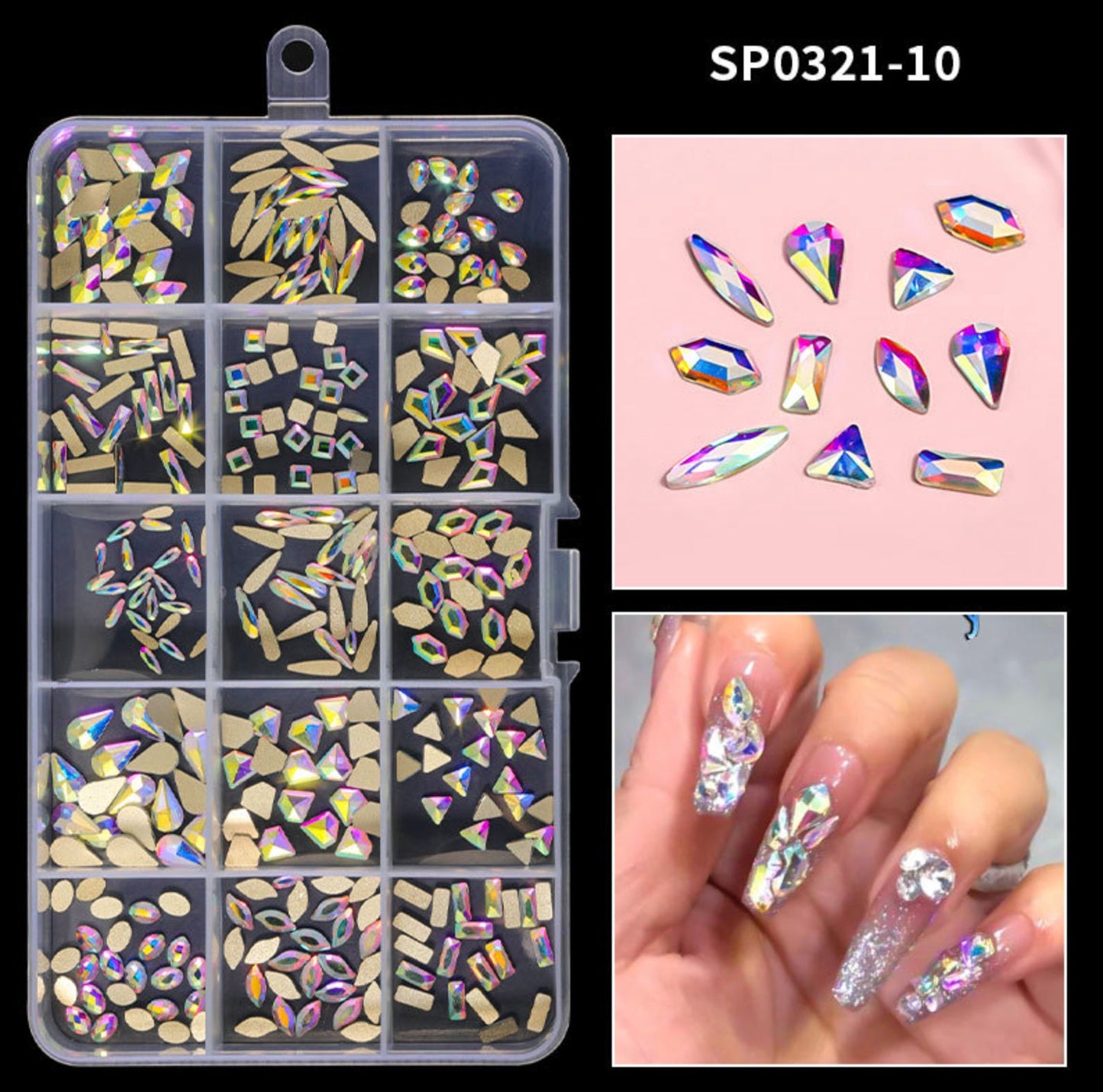 Mixed AB Rhinestone Shapes 3D Nail Art Decorations Box Set, Mini Cabochon