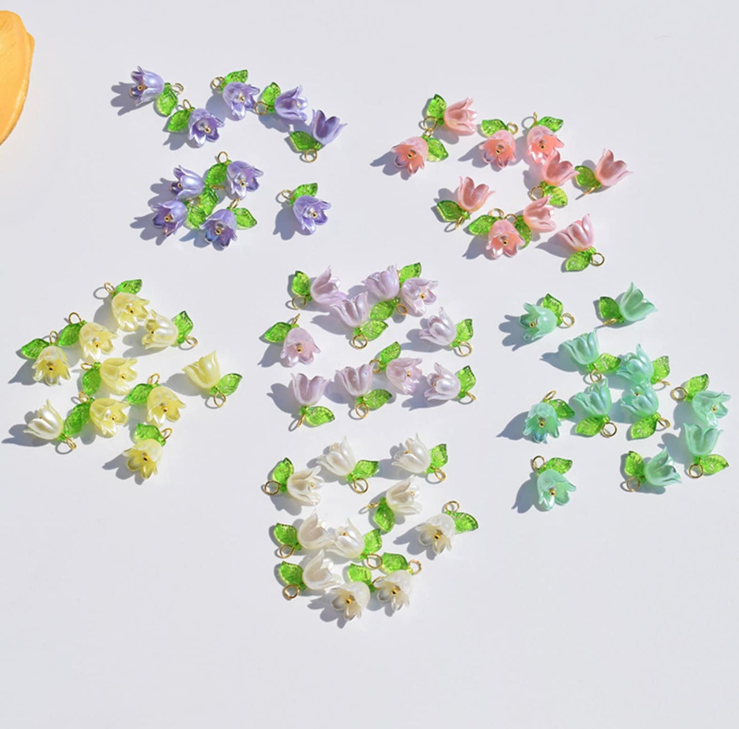 14MM x 11MM Acrylic Flower with Leaf Charms (White, Purple, Yellow, Pink, Light Purple, Green)