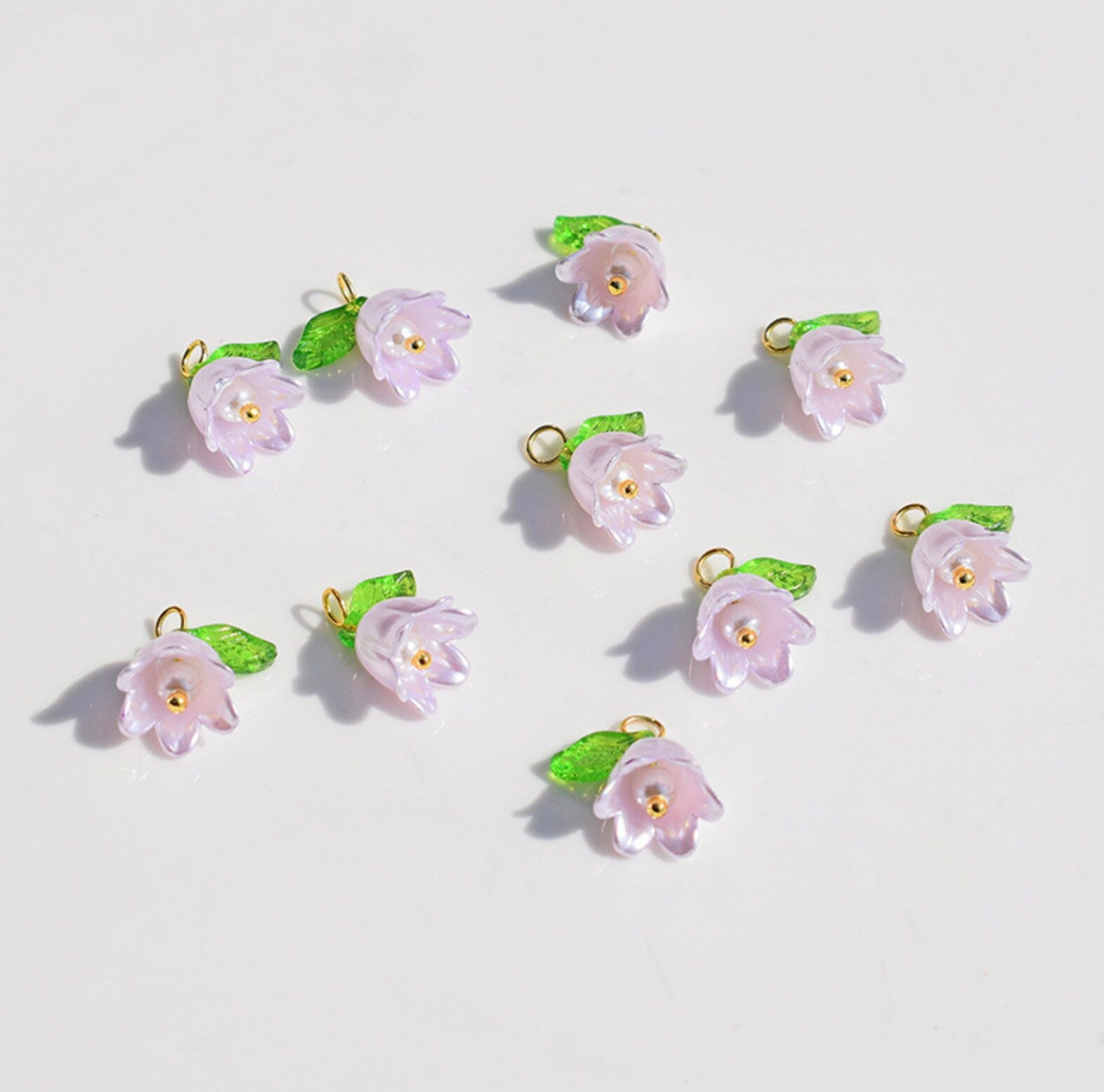 14MM x 11MM Acrylic Flower with Leaf Charms (White, Purple, Yellow, Pink, Light Purple, Green)