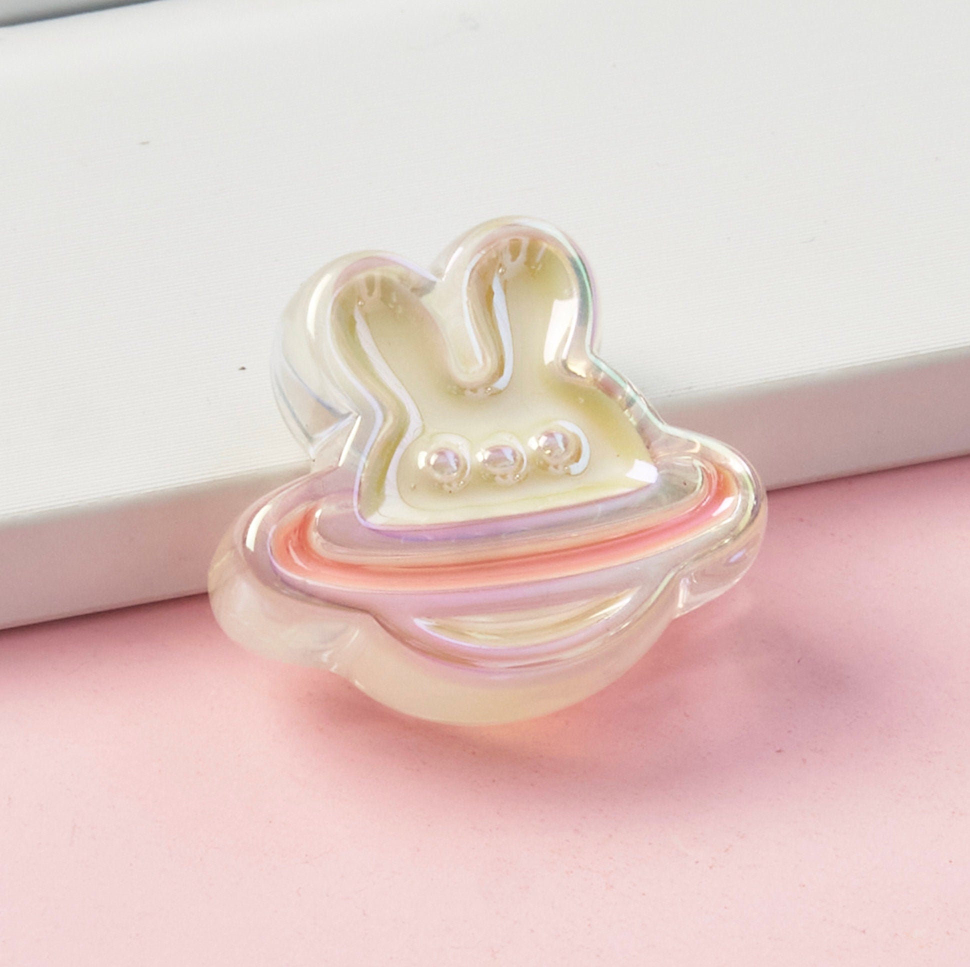 Cute Iridescent Bunny Planet Enamel Acrylic Bead (25mm x 25mm x 9mm, Hole: 3mm)