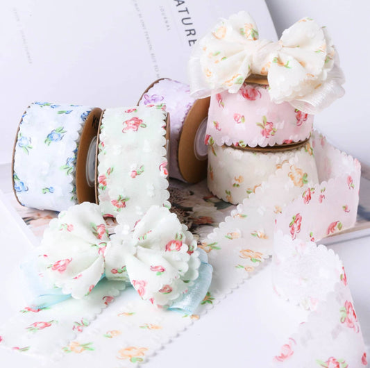 1.5 inch Scalloped Flower Themed Ribbons, Floral Themed Ribbons (10YD)