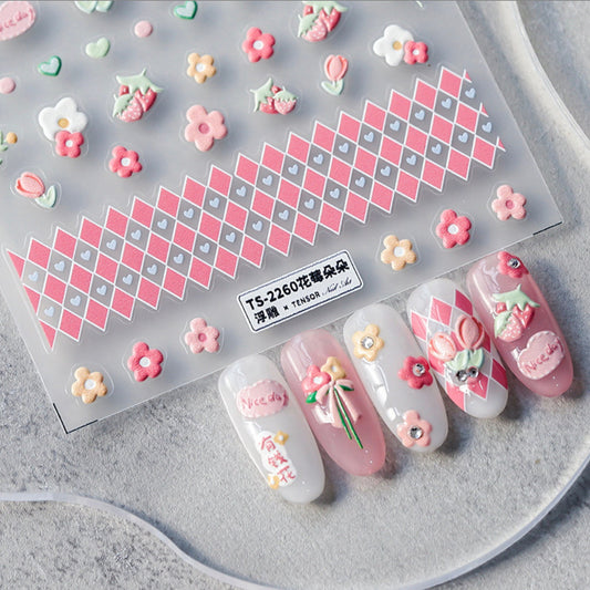 Cute Pink Strawberry Flower Buds Nail Art Stickers (Available in 2D and 3D)