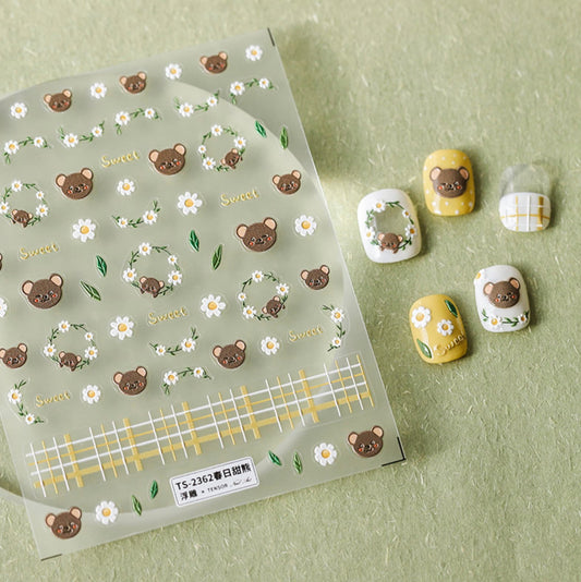 Cute Flower Bear, Animal Themed Nail Art Stickers (Available in 2D and 3D)