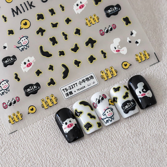 Cute Milk Cow Doodle, Animal Themed Nail Art Stickers (Available in 2D and 3D)