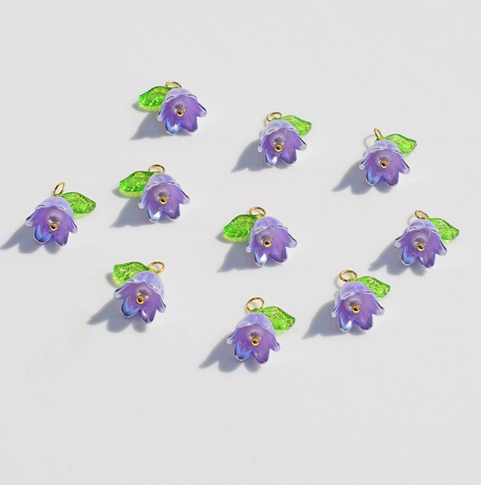 14MM x 11MM Acrylic Flower with Leaf Charms (White, Purple, Yellow, Pink, Light Purple, Green)