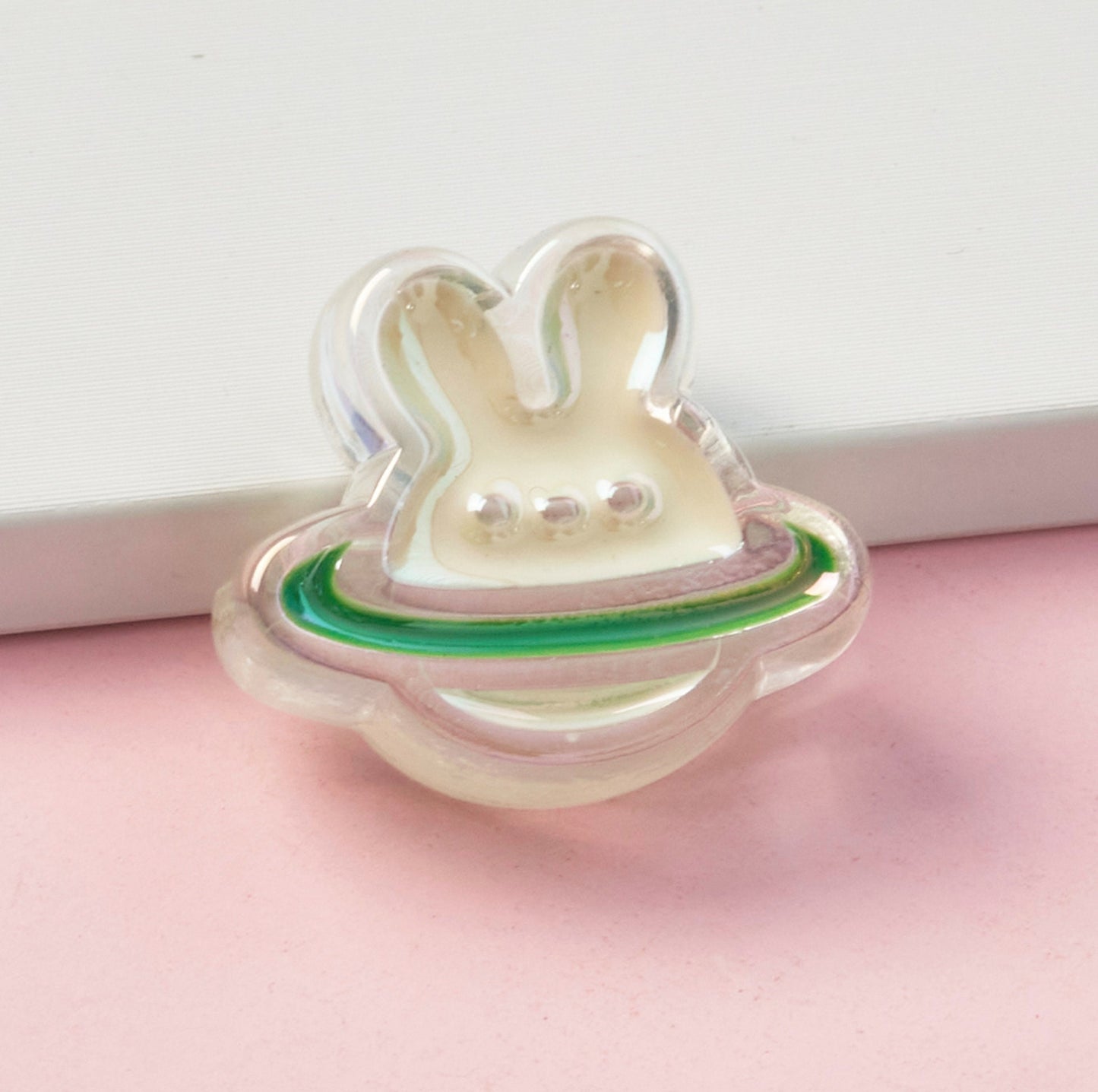 Cute Iridescent Bunny Planet Enamel Acrylic Bead (25mm x 25mm x 9mm, Hole: 3mm)