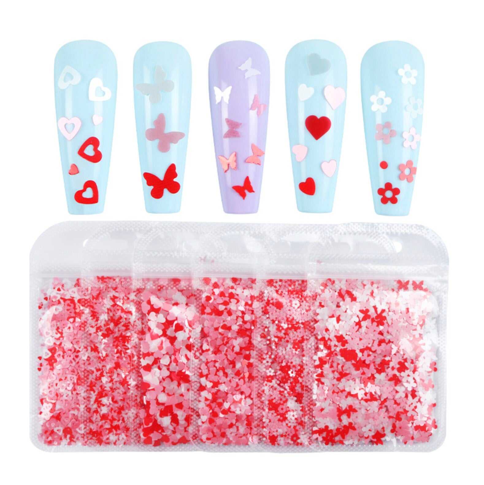 Red, Pink, and White Heart, Butterfly or Flower Themed Glitter (2G Bag)