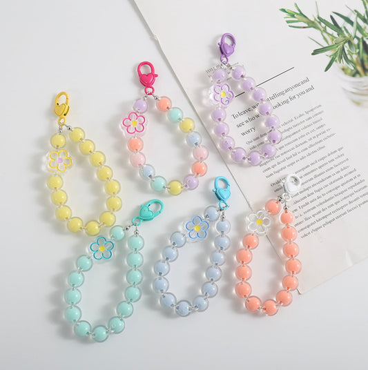 Cute Acrylic Round Bead Strand with Flower Bead Keychain, Key ring