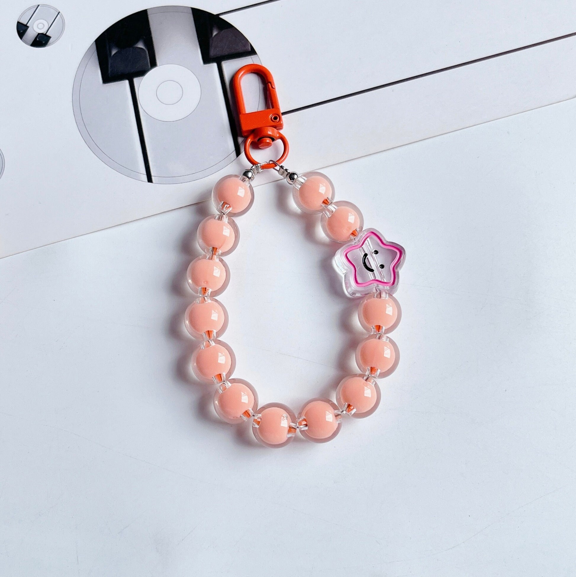 Cute Acrylic Round Bead Strand with Smiley Star Bead Keychain, Key ring