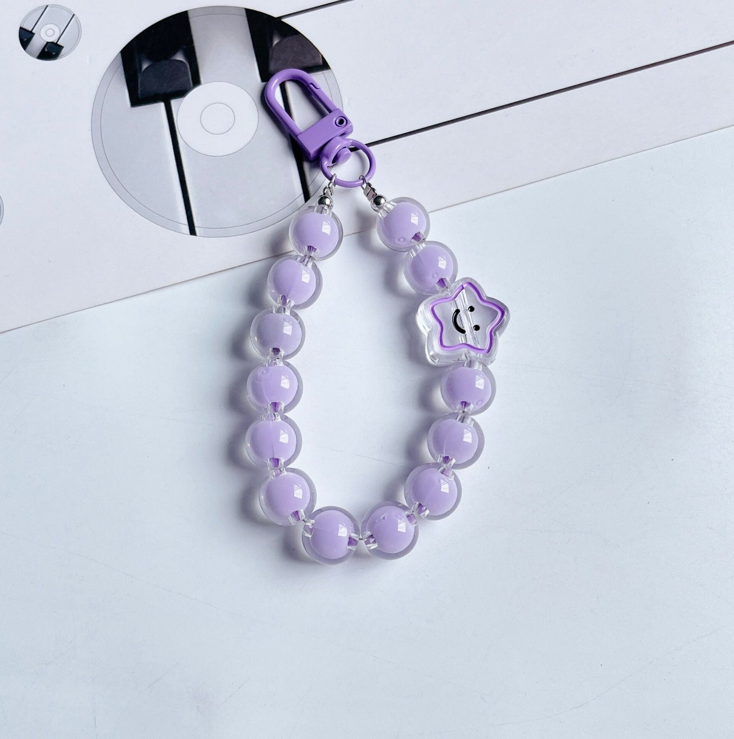 Cute Acrylic Round Bead Strand with Smiley Star Bead Keychain, Key ring