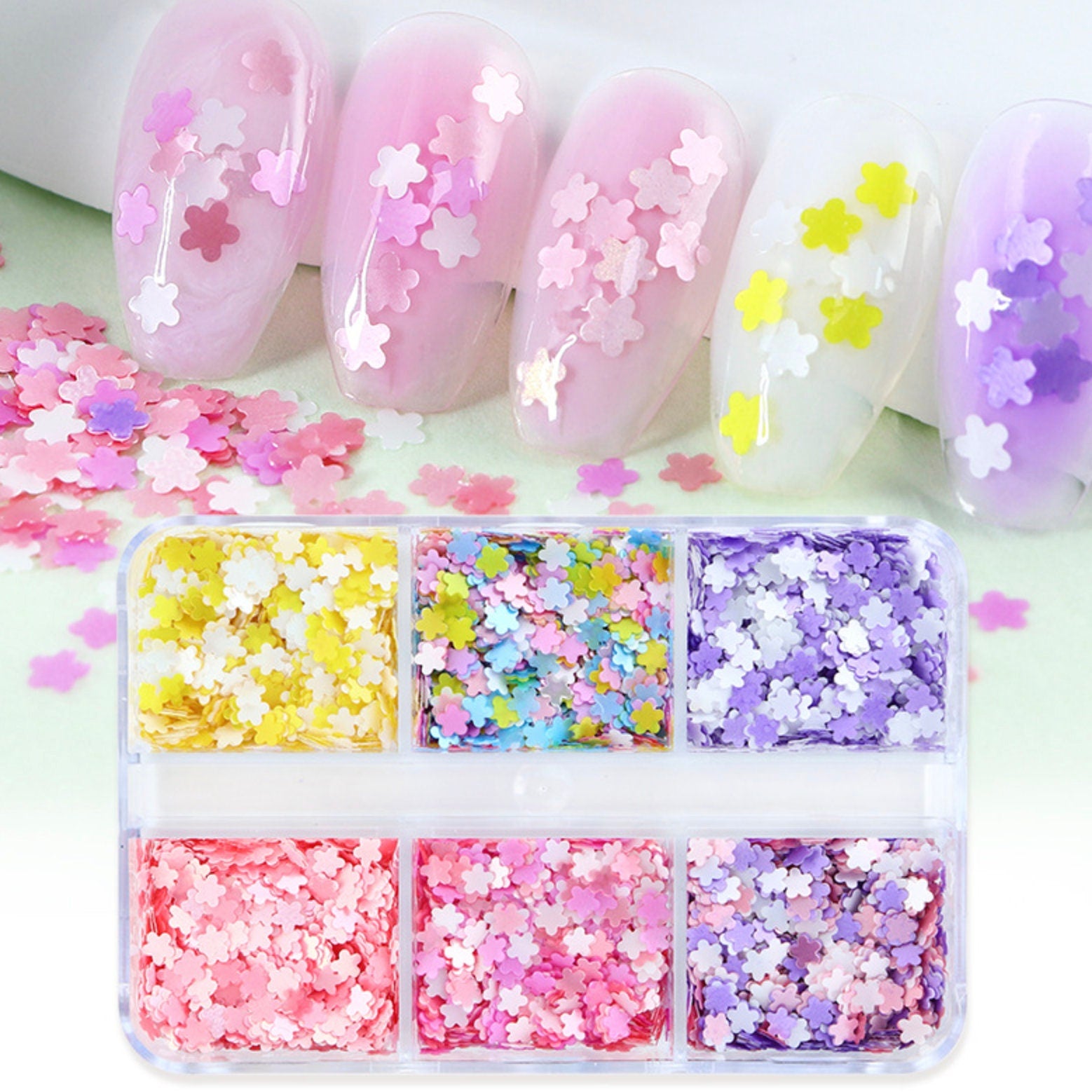 6 Color Pastel Five Petal Flower Themed Glitter Flake Set