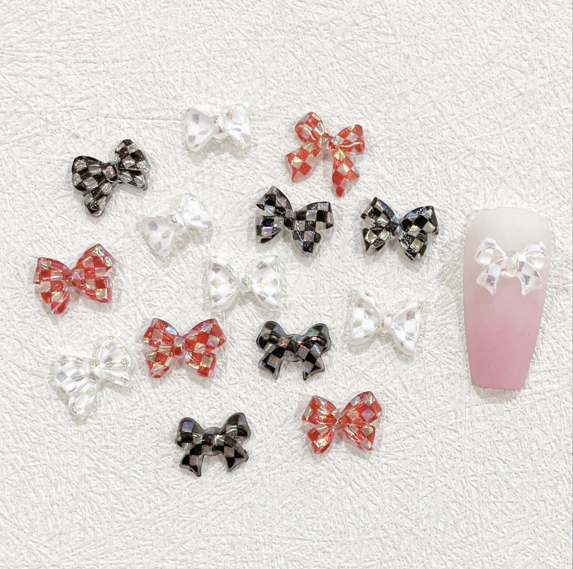 11MM Checkered Ribbon Bows Themed 3D Nail Art Charms, Decoden, DIY Supplies, Mini Cabochon