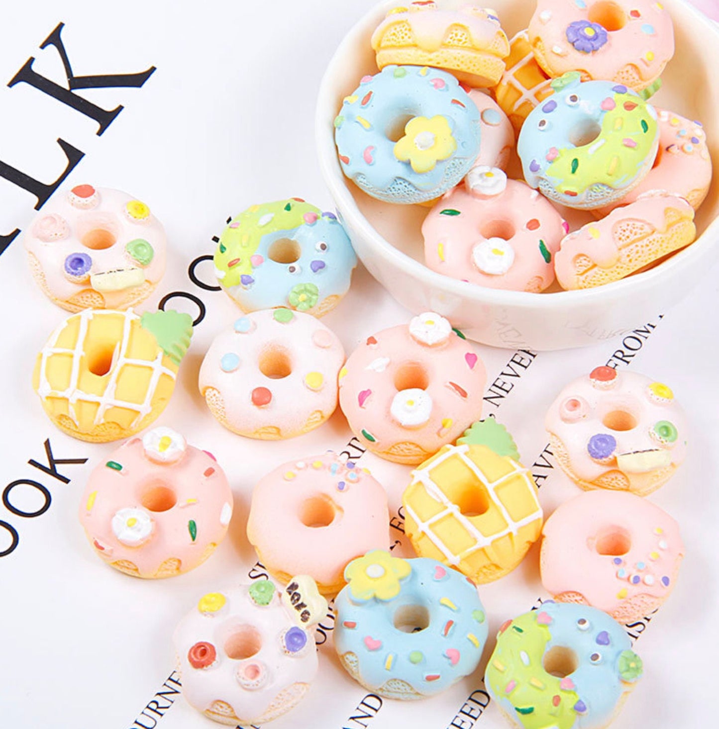 Cute Decorated Donut, Doughnut , Dessert Themed Cartoon Character Flatback Cabochons (Random mix)