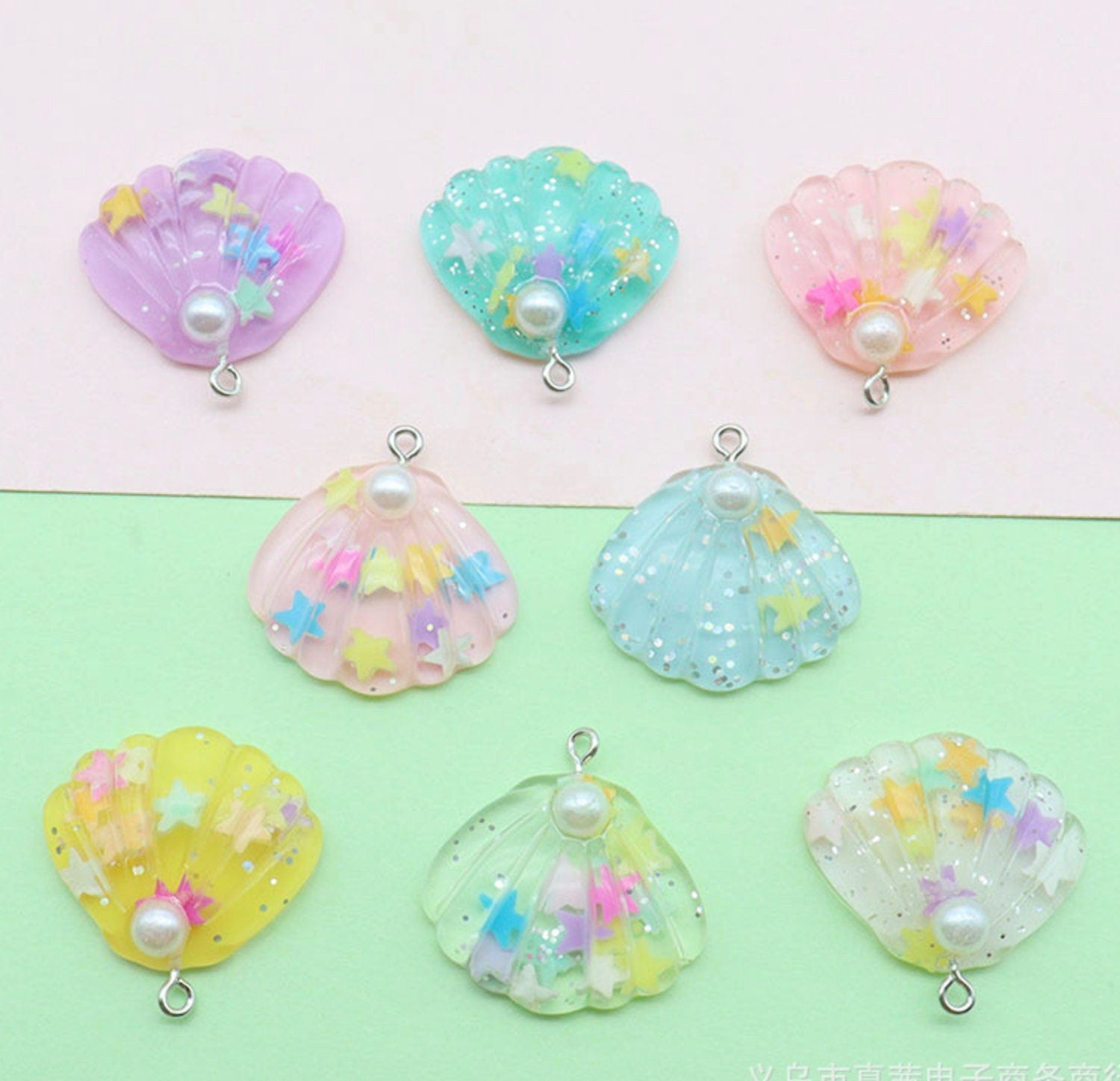 Cute Resin Seashells with Stars and Pearl, Ocean Themed Charms