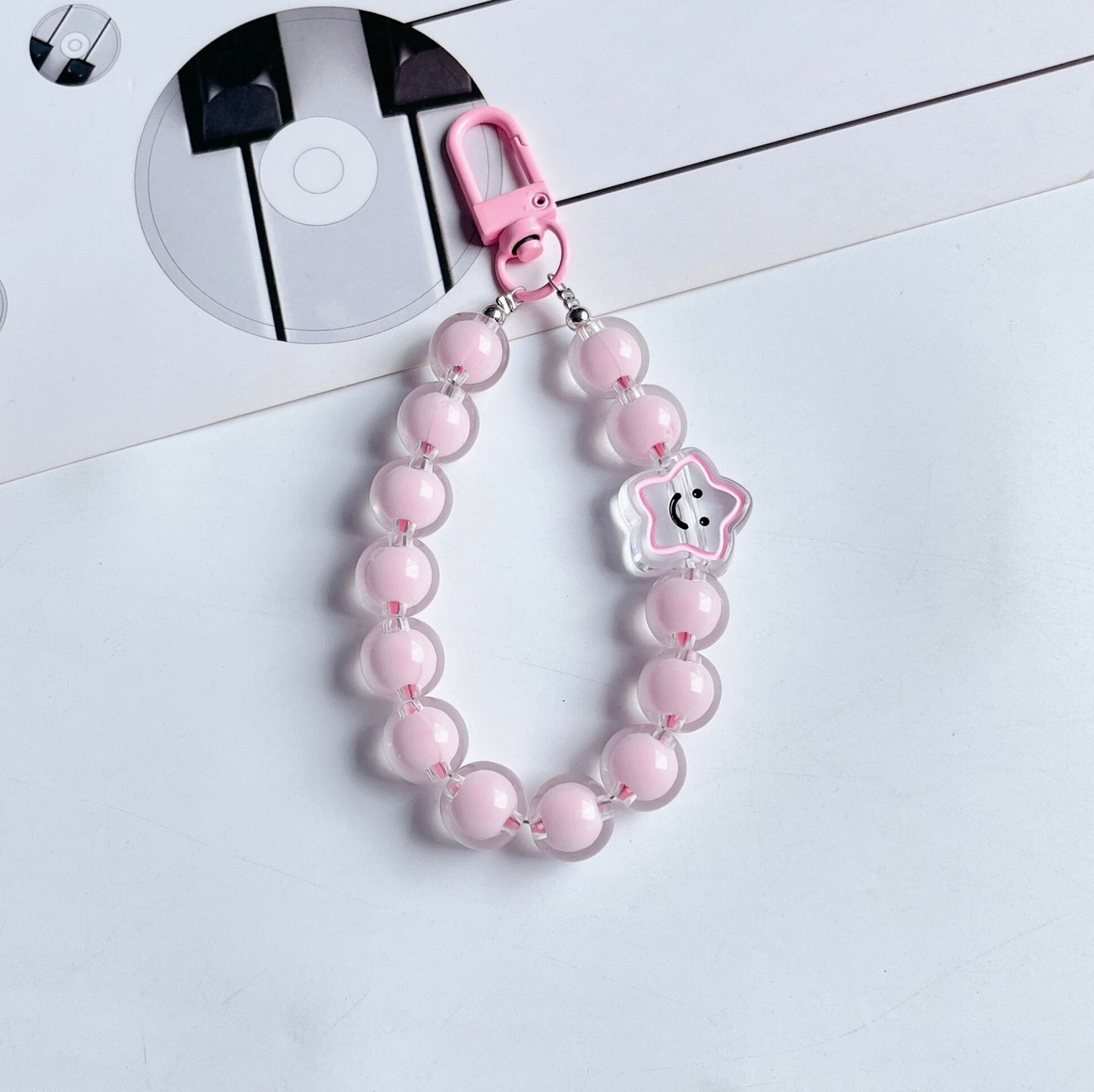 Cute Acrylic Round Bead Strand with Smiley Star Bead Keychain, Key ring