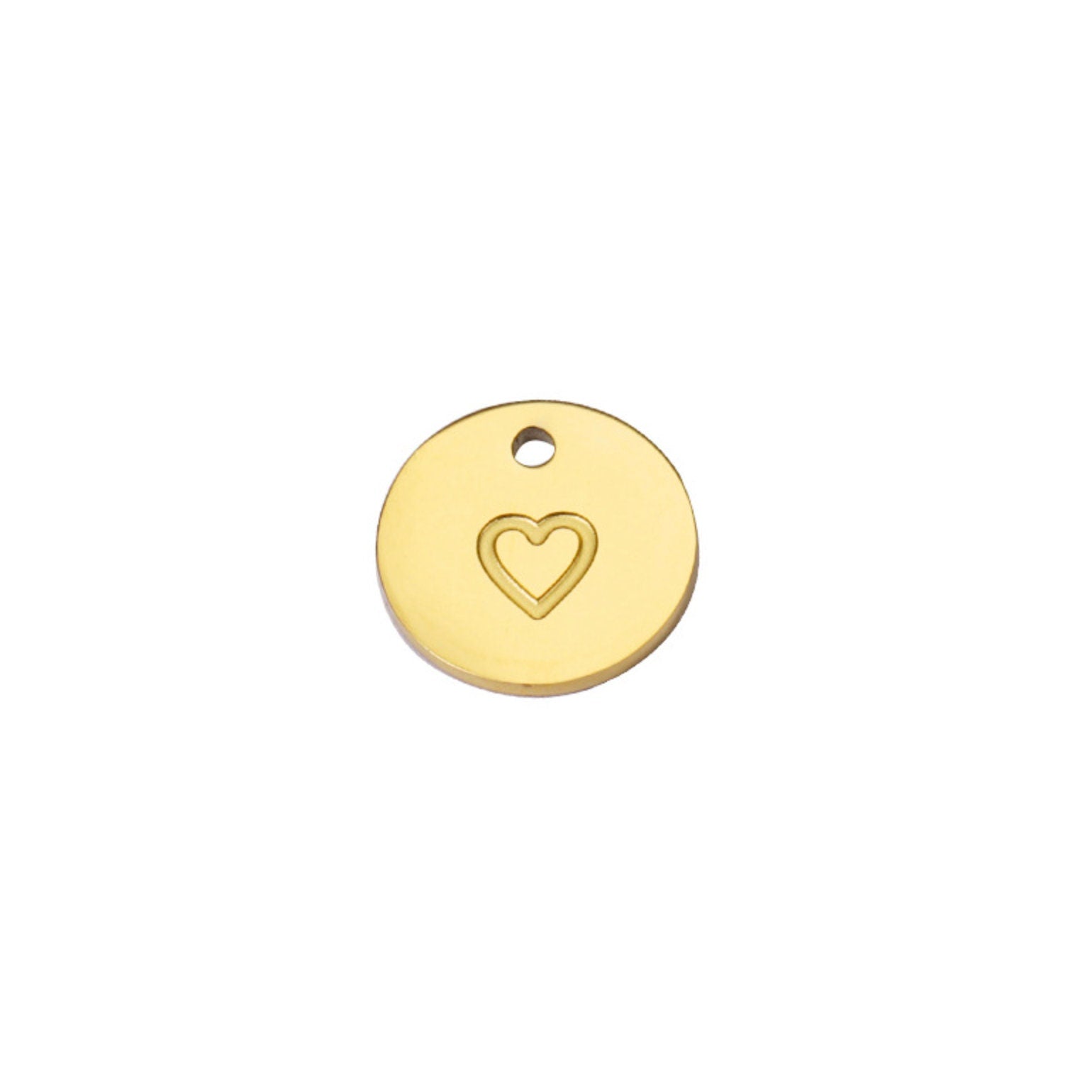 Silver, Gold, Rose Gold Stainless Steel Circle Plate with Stamped Heart Themed Charms (12mm x 1.1mm, hole: 1.8mm)