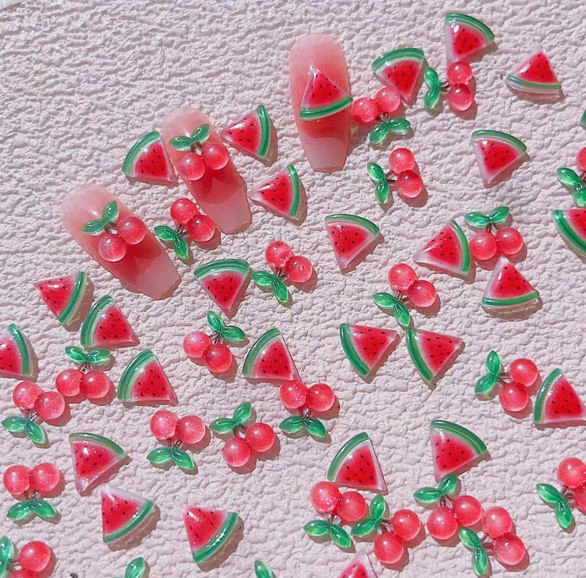 10MM x 10MM Translucent Watermelon Slice and Cherry, Fruit Themed 3D Nail Art Charms, Decoden, DIY Supplies, Mini Cabochon